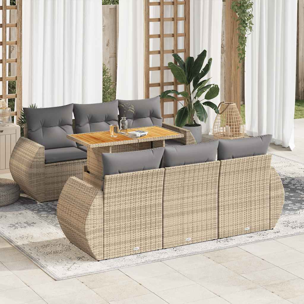JUNG Vida 7-tlg. Garten-Sofagarnitur mit Kissen Beige Poly Rattan