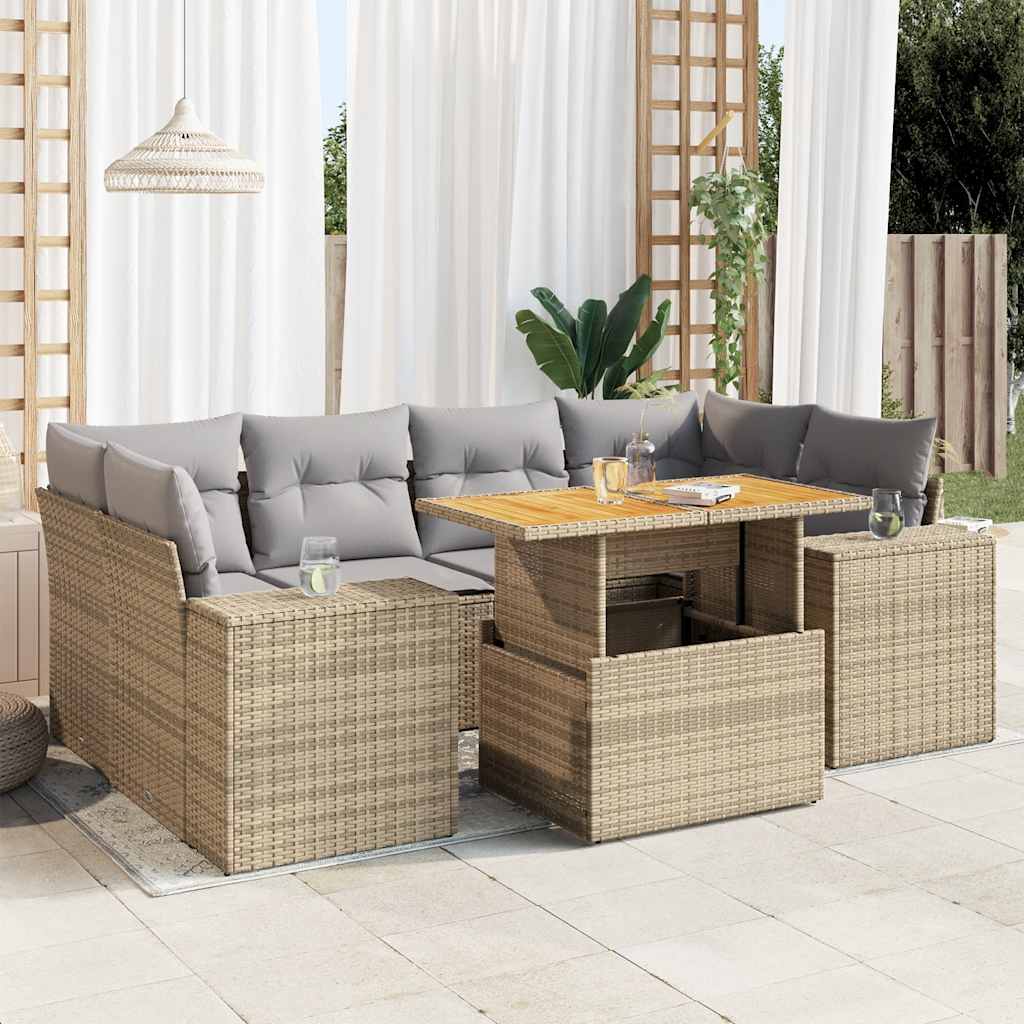 JUNG Vida 7-tlg. Garten-Sofagarnitur mit Kissen Beige Poly Rattan