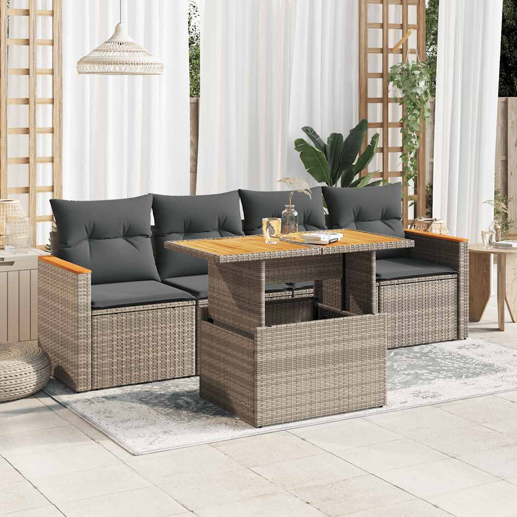 JUNG Vida 5-tlg. Garten-Sofagarnitur mit Kissen Grau Poly Rattan Akazie