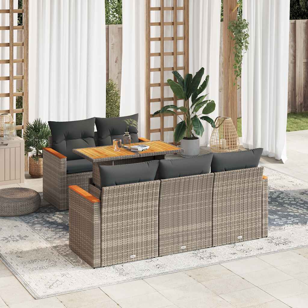 JUNG Vida 6-tlg. Garten-Sofagarnitur mit Kissen Grau Poly Rattan Akazie