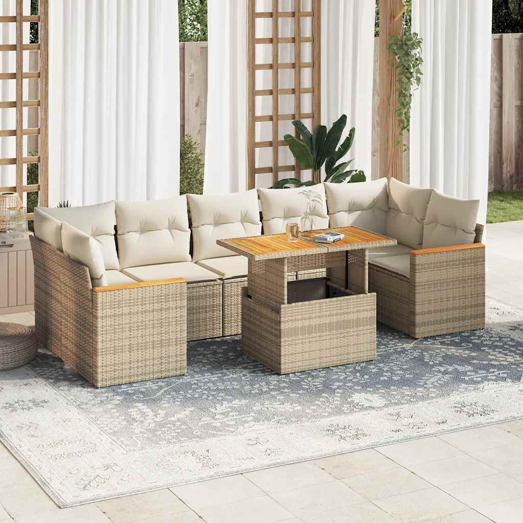 JUNG Vida 8-tlg. Garten-Sofagarnitur mit Kissen Beige Poly Rattan Akazie