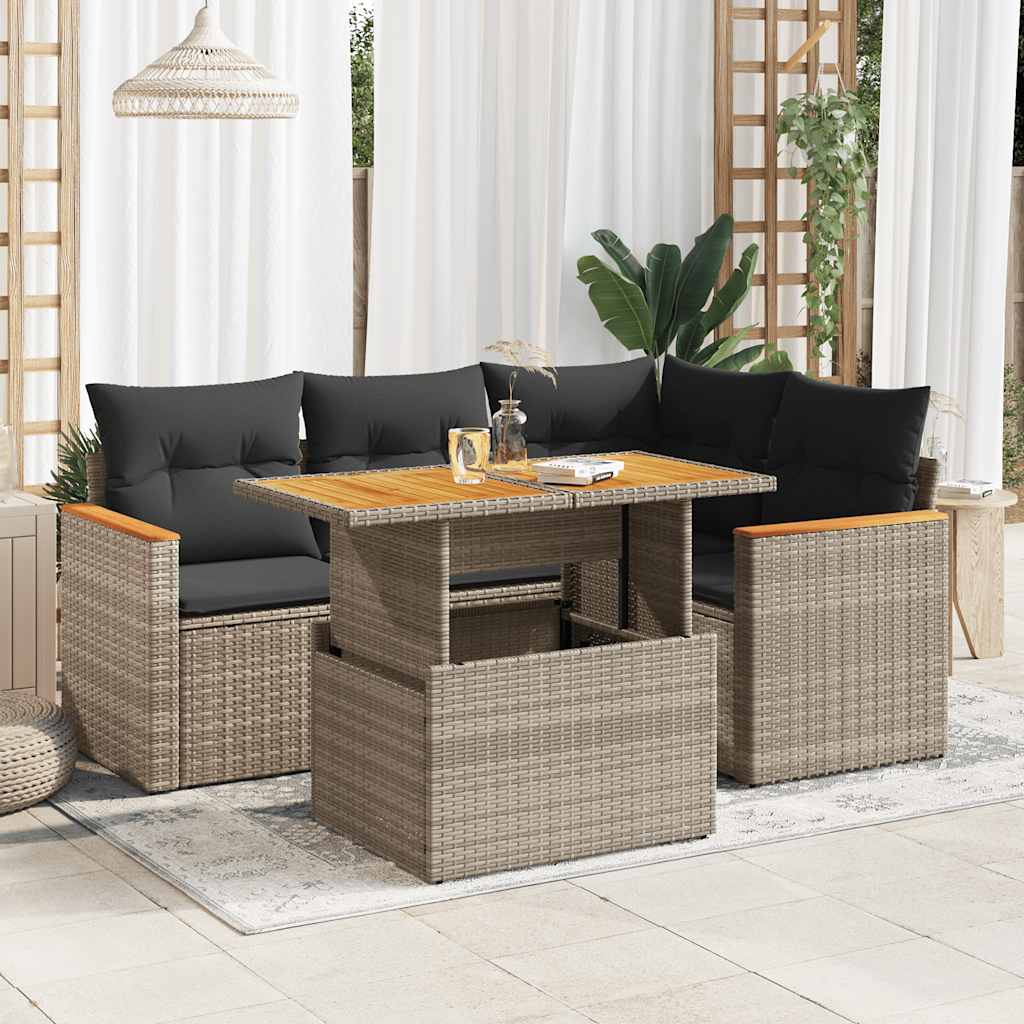 JUNG Vida 5-tlg. Garten-Sofagarnitur mit Kissen Grau Poly Rattan Akazie