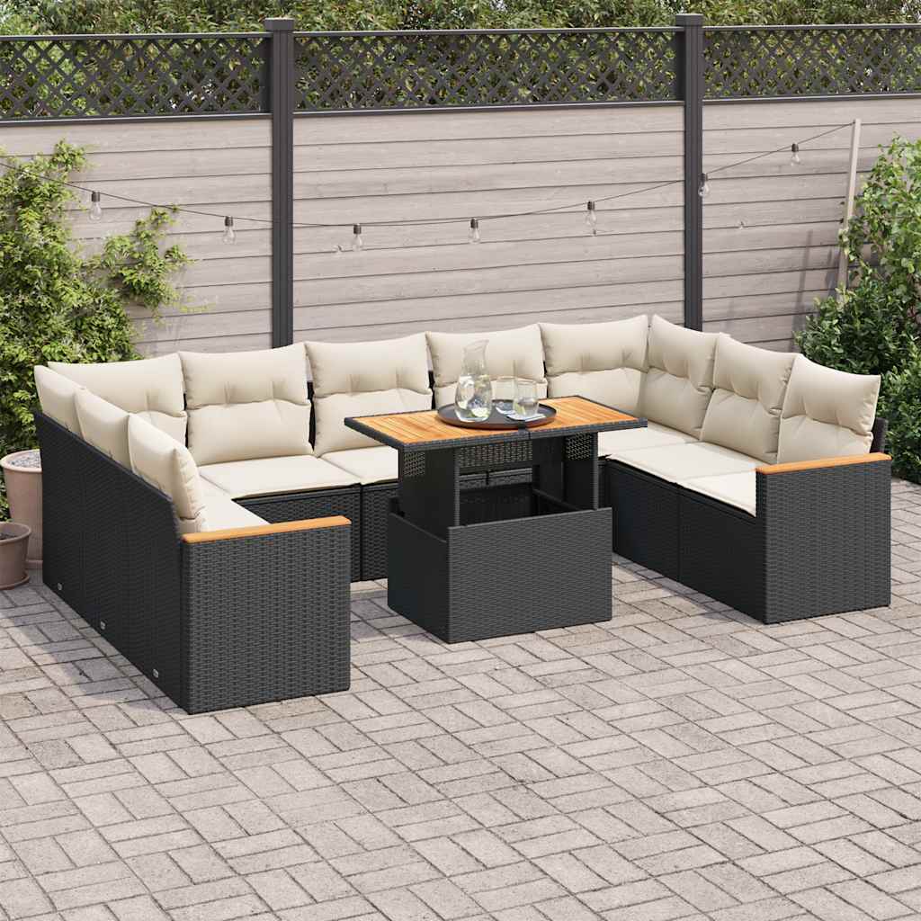 JUNG Vida 10-tlg. Garten-Sofagarnitur mit Kissen Schwarz Poly Rattan