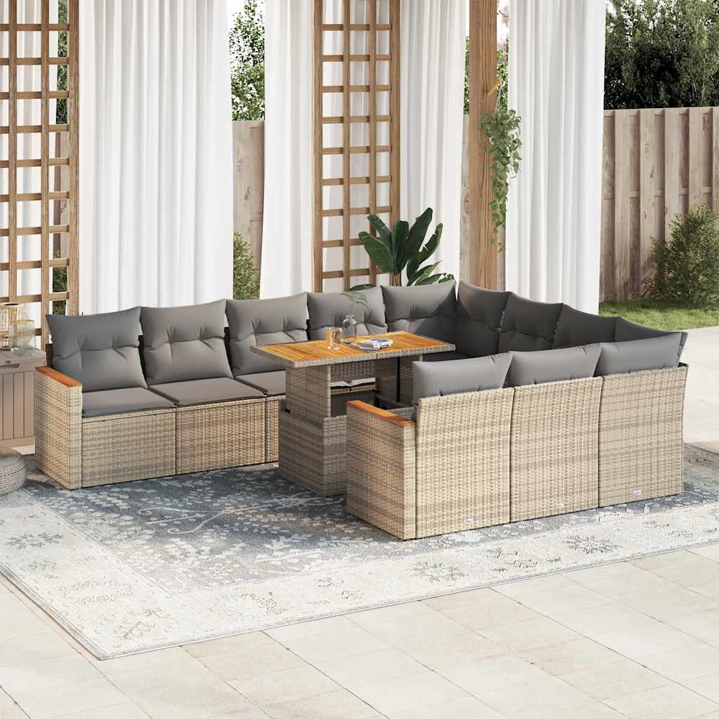 JUNG Vida 11-tlg. Garten-Sofagarnitur mit Kissen Beige Poly Rattan Akazie