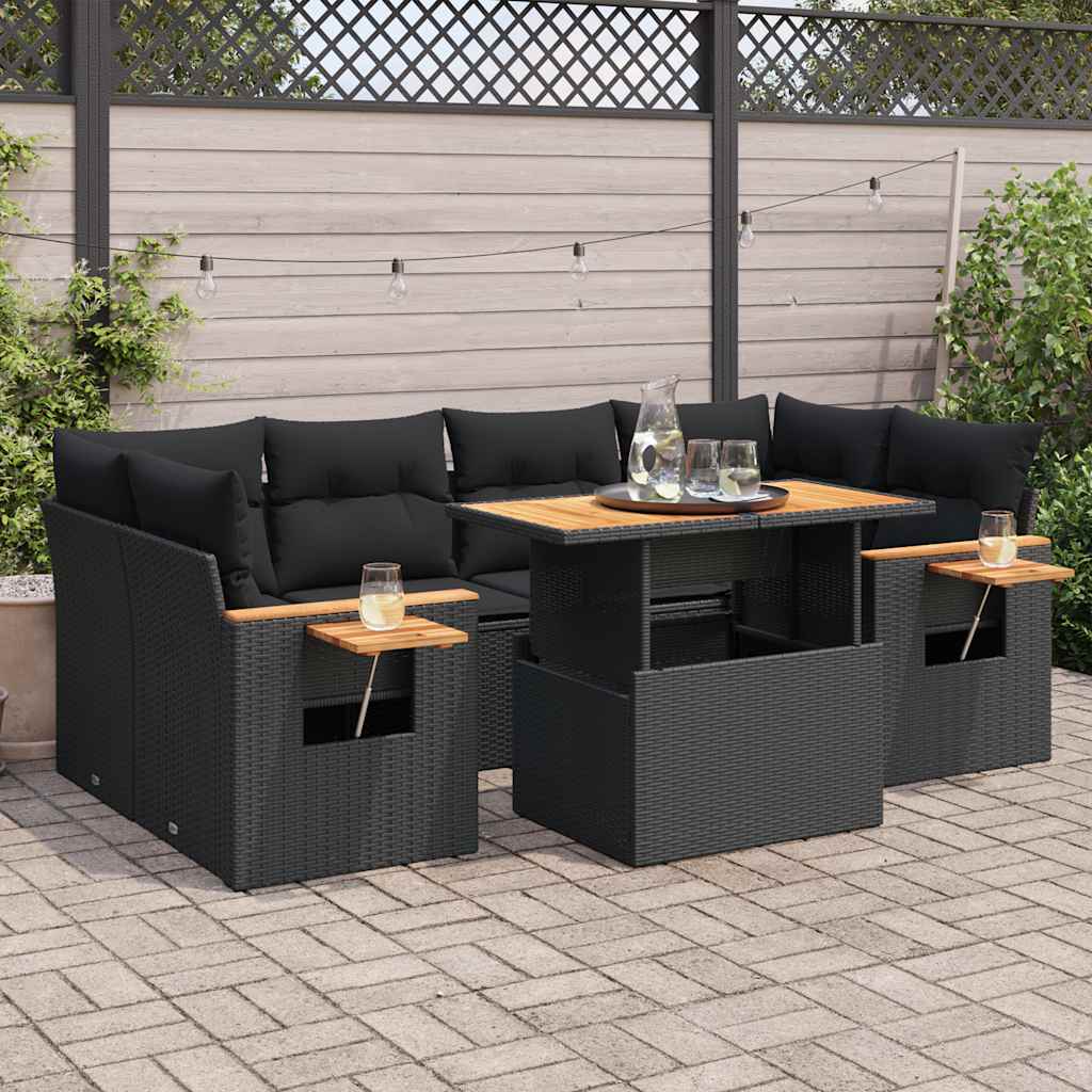 JUNG Vida 7-tlg. Garten-Sofagarnitur mit Kissen Schwarz Poly Rattan