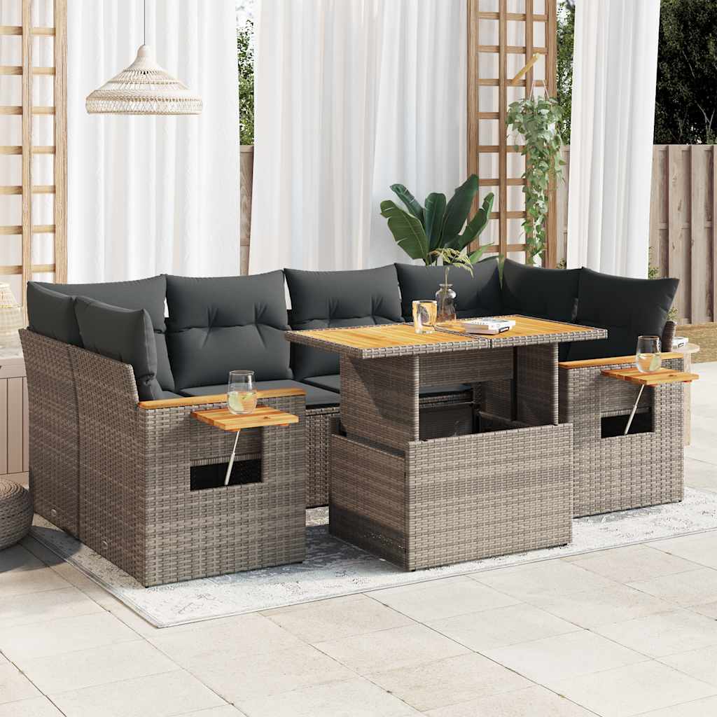 JUNG Vida 7-tlg. Garten-Sofagarnitur mit Kissen Grau Poly Rattan Akazie