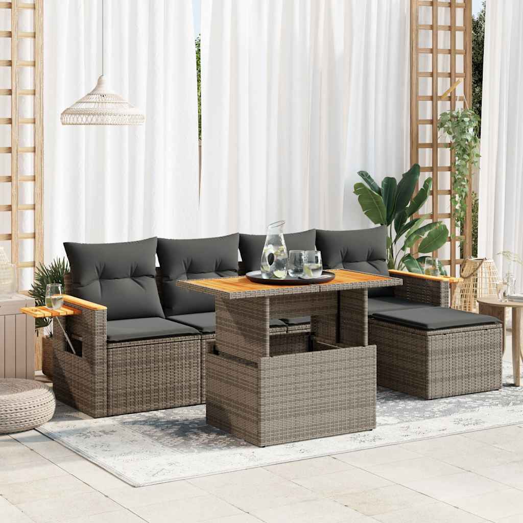 JUNG Vida 6-tlg. Garten-Sofagarnitur mit Kissen Grau Poly Rattan Akazie