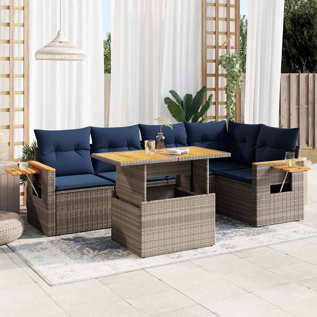 JUNG Vida 6-tlg. Garten-Sofagarnitur mit Kissen Grau Poly Rattan Akazie