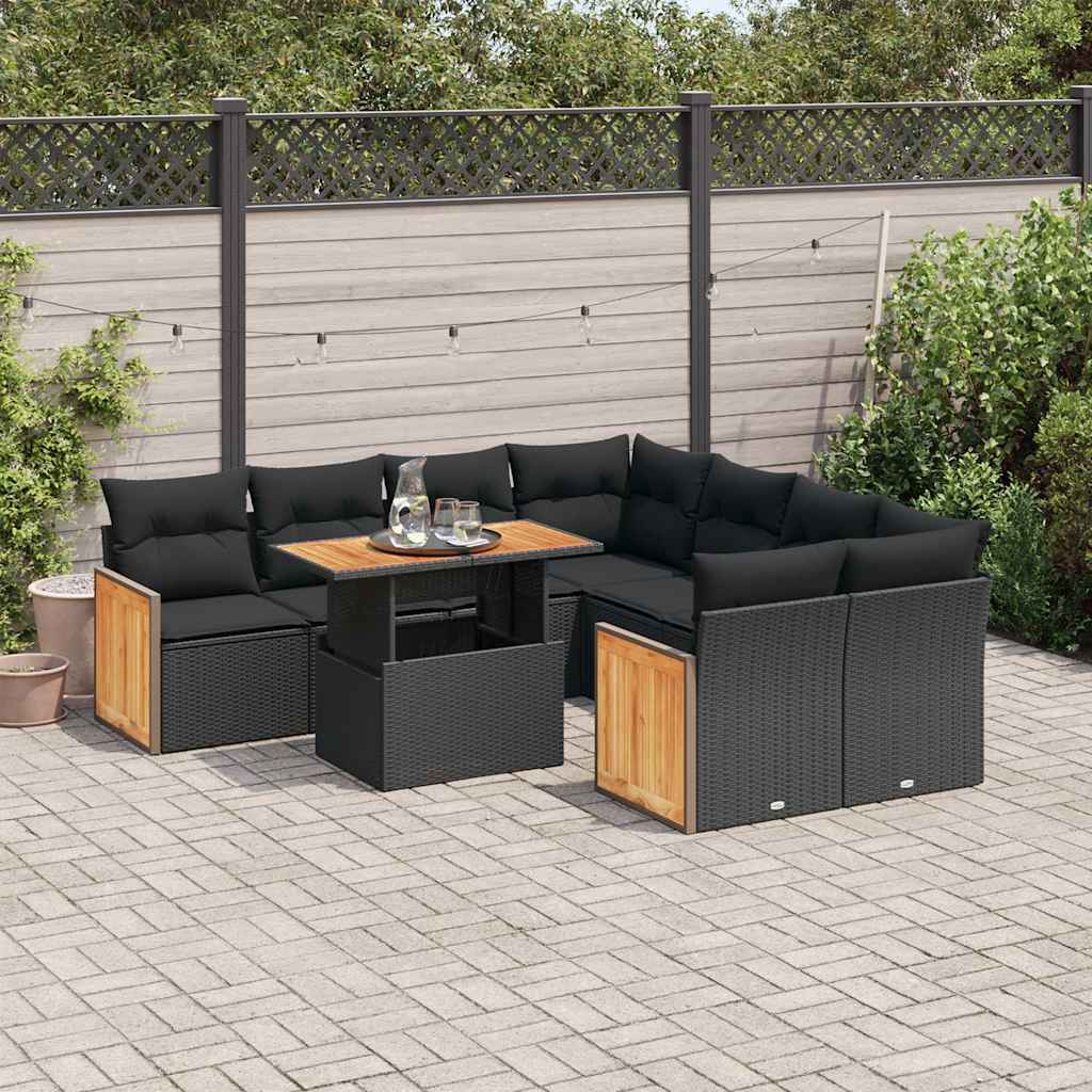 JUNG Vida 9-tlg. Garten-Sofagarnitur mit Kissen Schwarz Poly Rattan