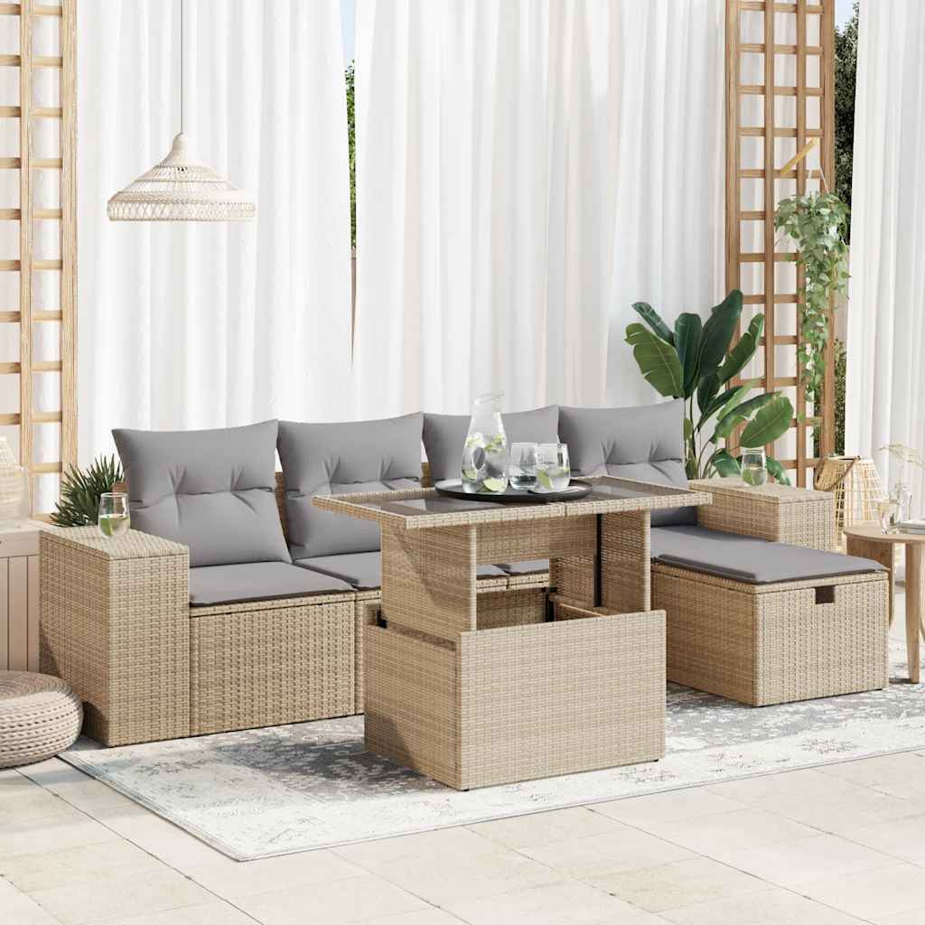 JUNG Vida 6-tlg. Garten-Sofagarnitur mit Kissen Beige Poly Rattan