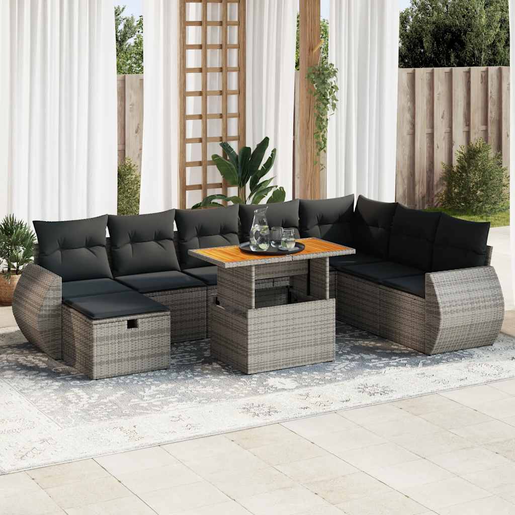 JUNG Vida 9-tlg. Garten-Sofagarnitur mit Kissen Grau Poly Rattan Akazie