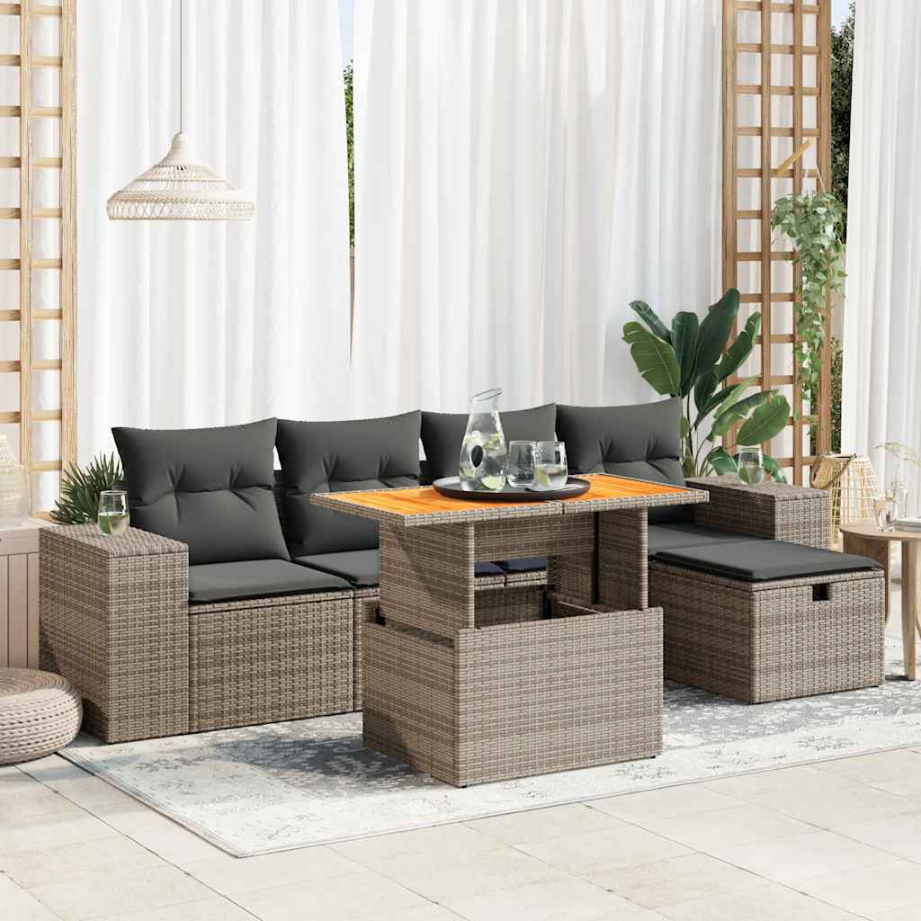 JUNG Vida 6-tlg. Garten-Sofagarnitur mit Kissen Grau Poly Rattan Akazie