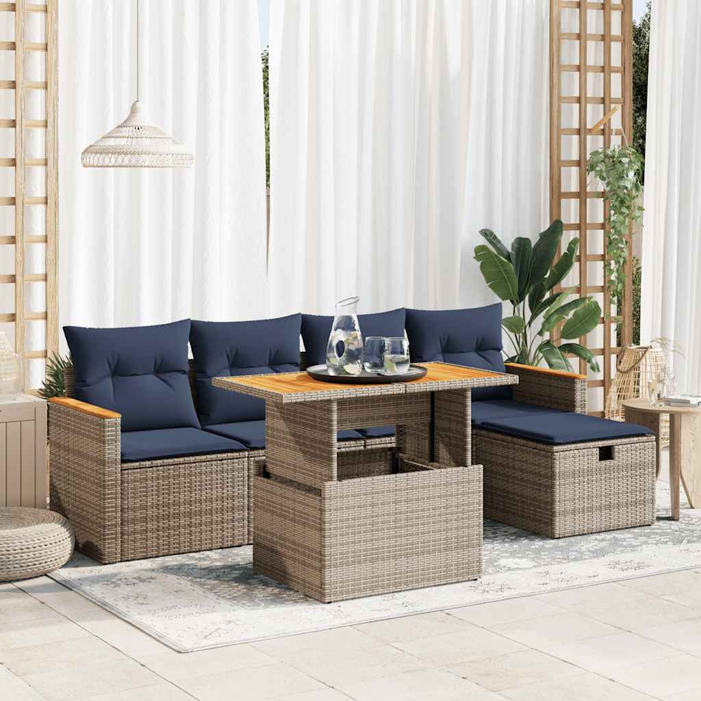 JUNG Vida 6-tlg. Garten-Sofagarnitur mit Kissen Grau Poly Rattan Akazie