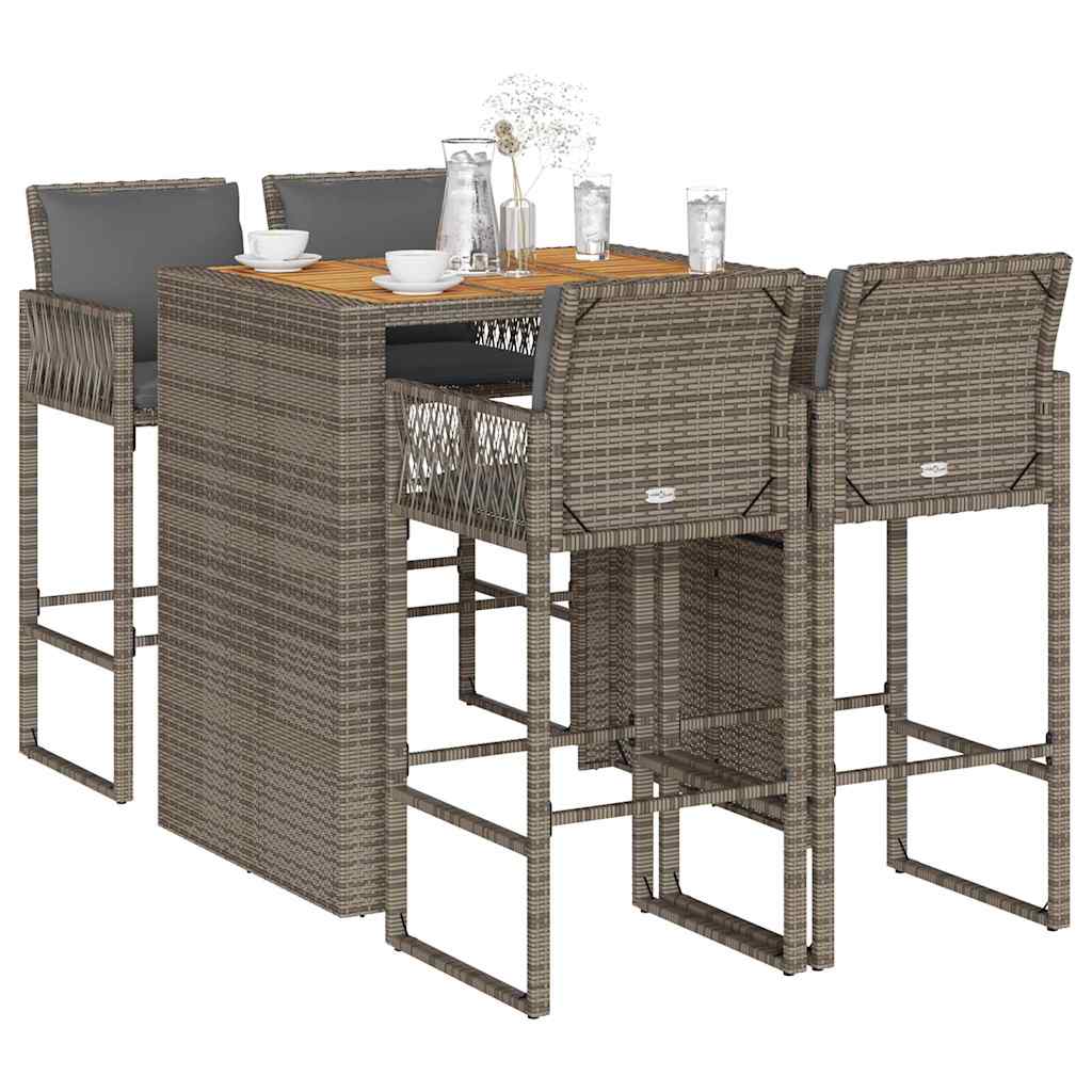 JUNG Vida 5-tlg. Gartenbar-Set mit Kissen Grau Poly Rattan Akazie