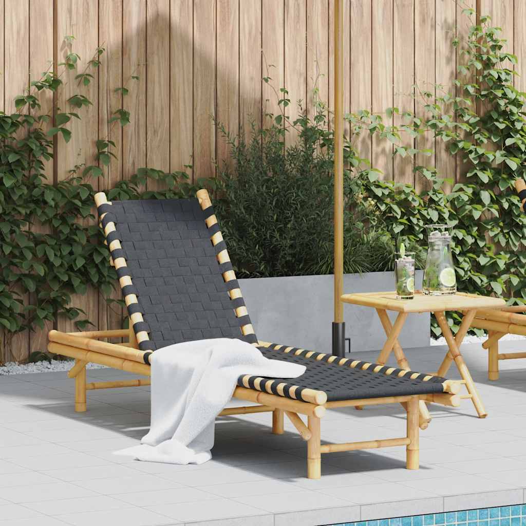 JUNG Vida Sonnenliege mit schwarzem gewebtem Gurtband 55x200x30 cm Bambus