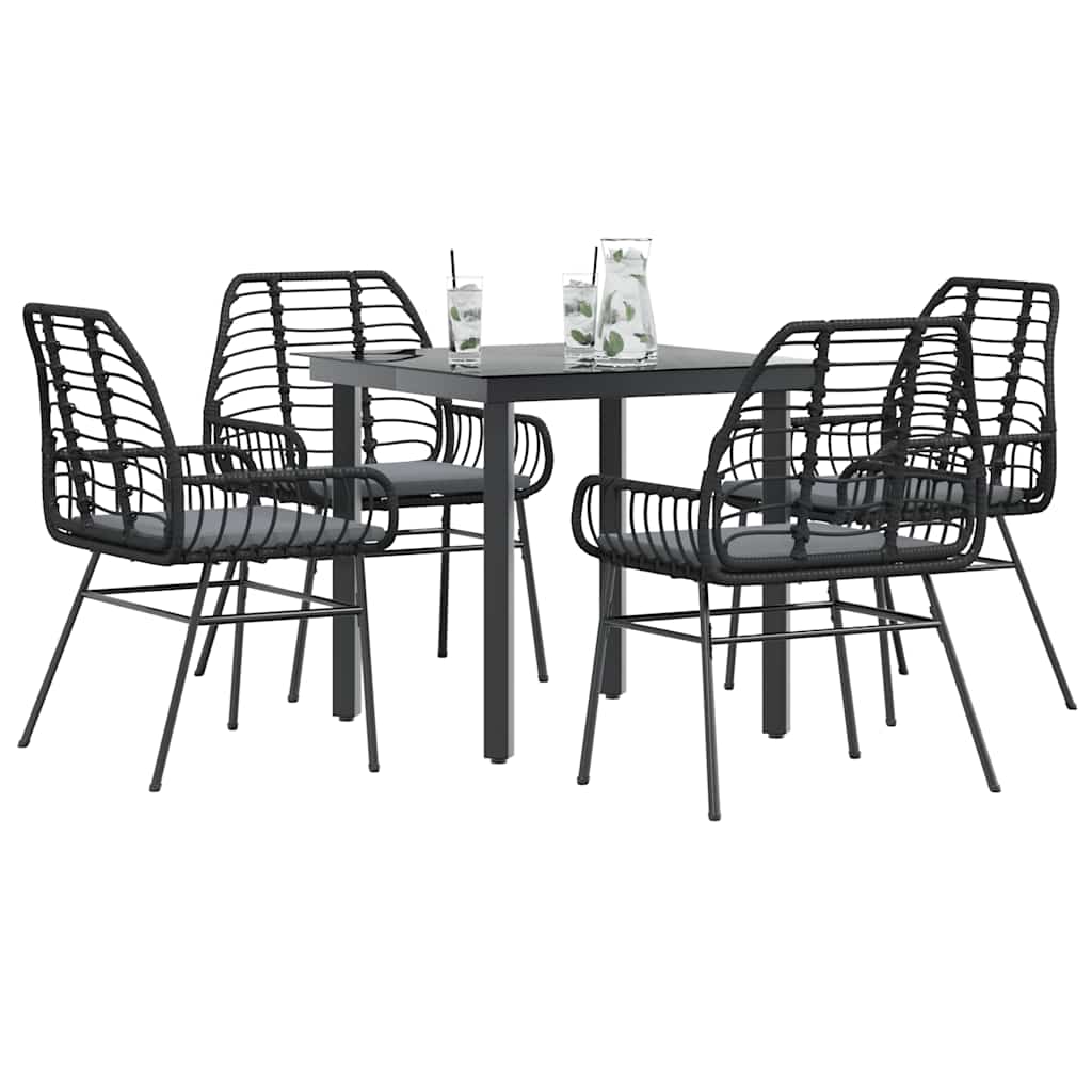 JUNG Vida 5-tlg. Garten-Essgruppe mit Kissen Schwarz Poly Rattan Glas