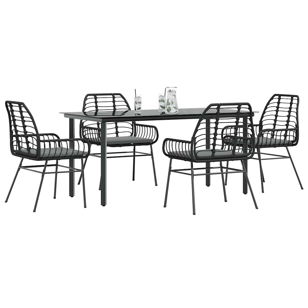 JUNG Vida 5-tlg. Garten-Essgruppe mit Kissen Schwarz Poly Rattan Glas