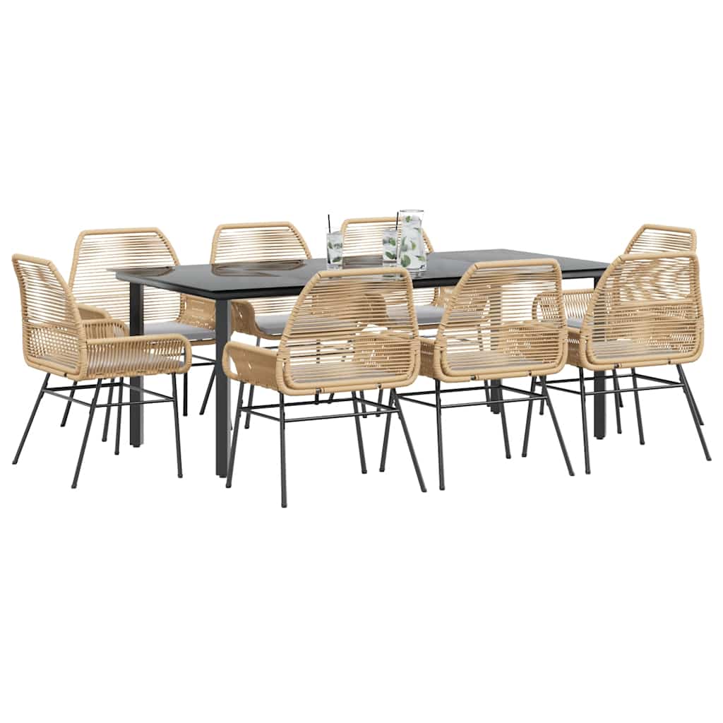 JUNG Vida 9-tlg. Garten-Essgruppe mit Kissen Braun Poly Rattan Glas