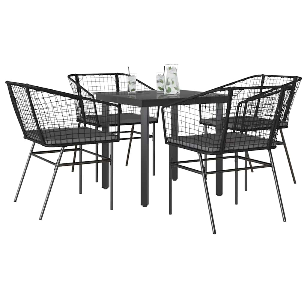 JUNG Vida 5-tlg. Garten-Essgruppe mit Kissen Schwarz Poly Rattan Glas