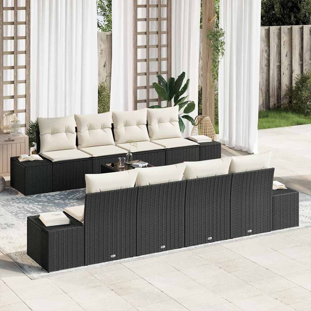 JUNG Vida Sofa Set mit Kissen 7 pcs Schwarz und Creme Poly Rattan