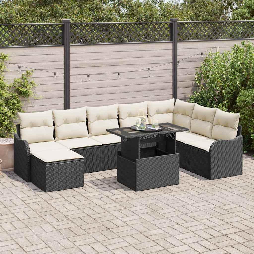 JUNG Vida Garten-Sofa-Set mit Kissen 9 pcs Schwarz Poly Rattan