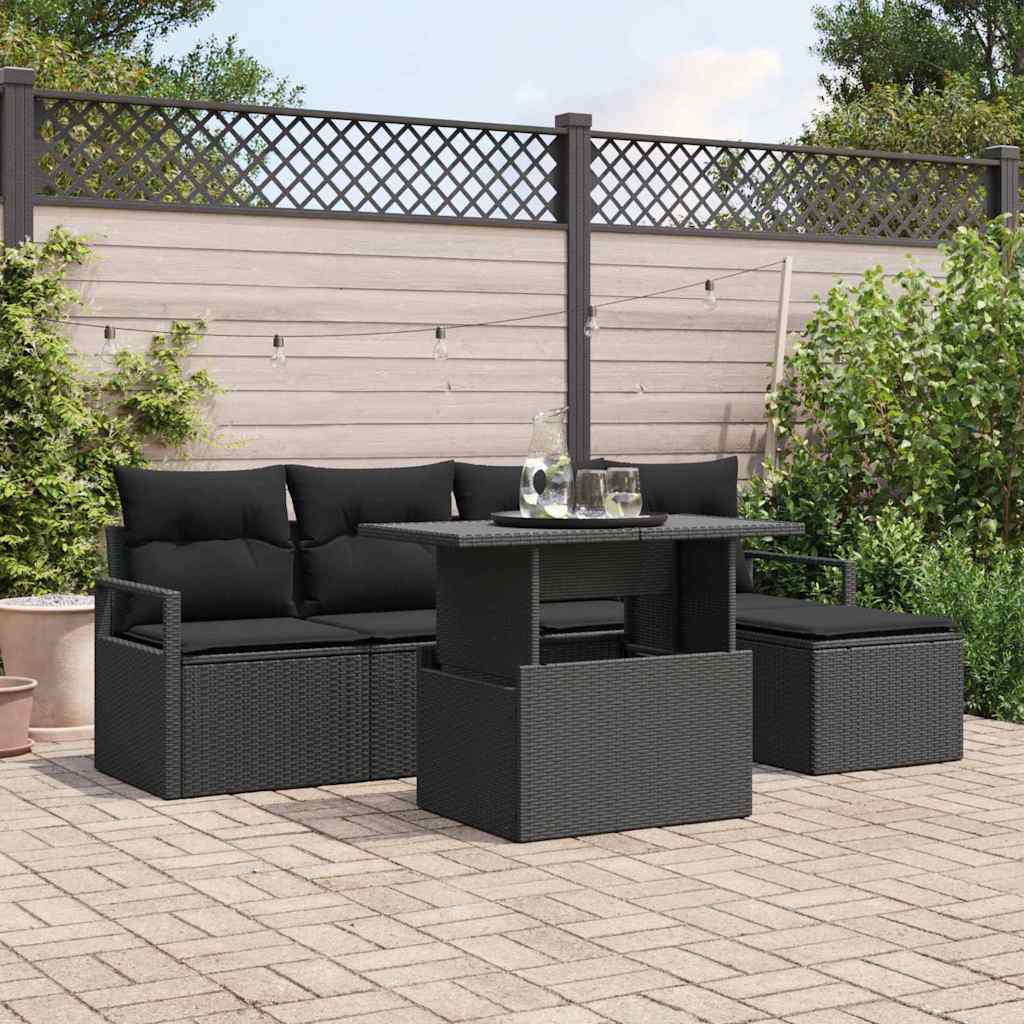 JUNG Vida Garten-Sofa-Set mit Kissen 6 pcs Schwarz Poly-Rattan