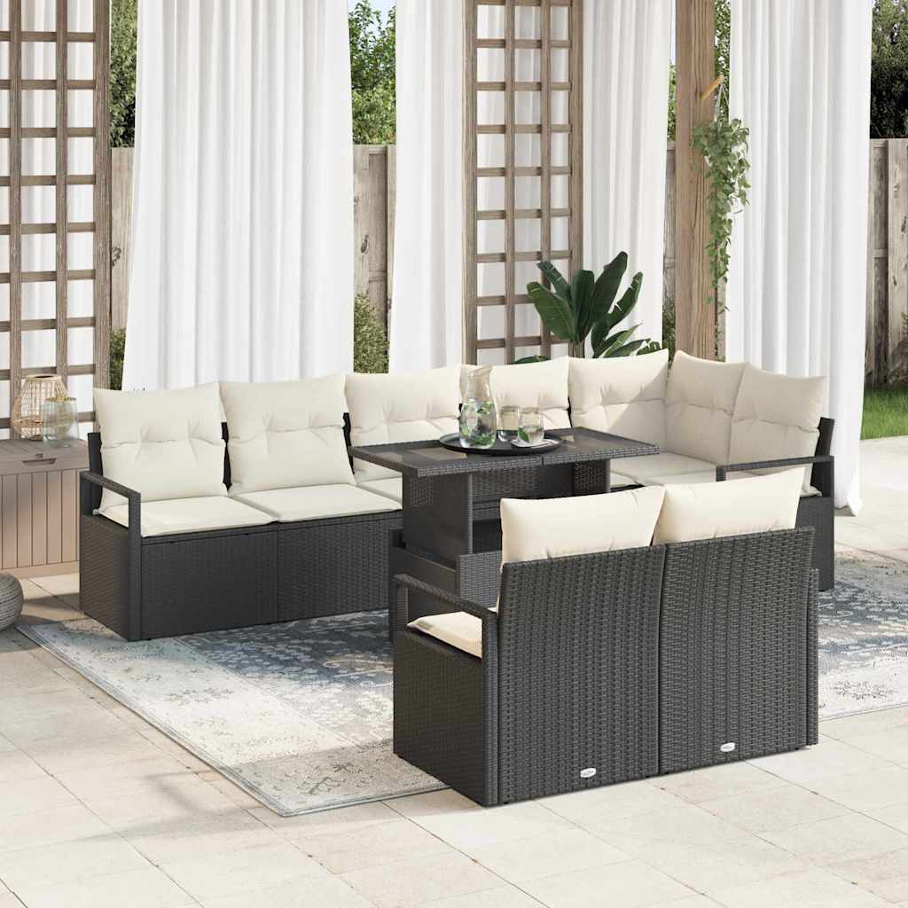 JUNG Vida Garten-Sofa-Set mit Kissen 9 pcs Schwarz und Creme Poly-Rattan