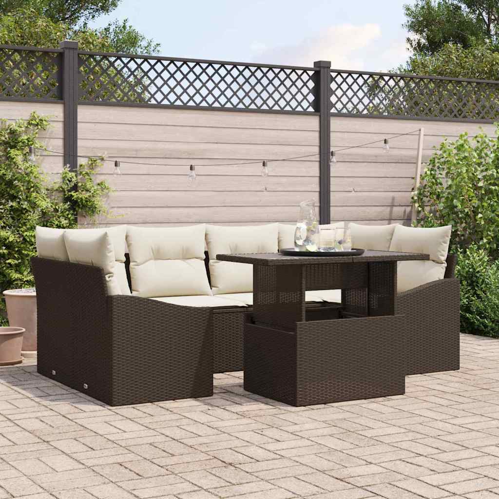 JUNG Vida Garten-Sofa-Set mit Kissen 7 pcs Braun und Creme Poly-Rattan