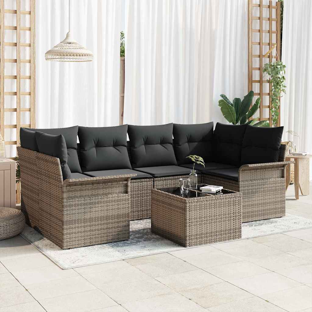 JUNG Vida Garten-Sofa-Set 7 pcs Grau Poly-Rattan und Stahl und Glas