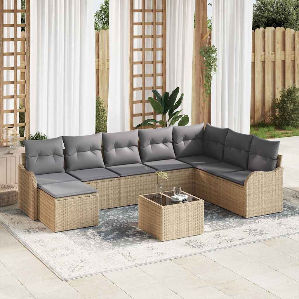 JUNG Vida Garten-Sofa-Set mit Kissen 9 pcs Beige und Hellgrau Poly Rattan