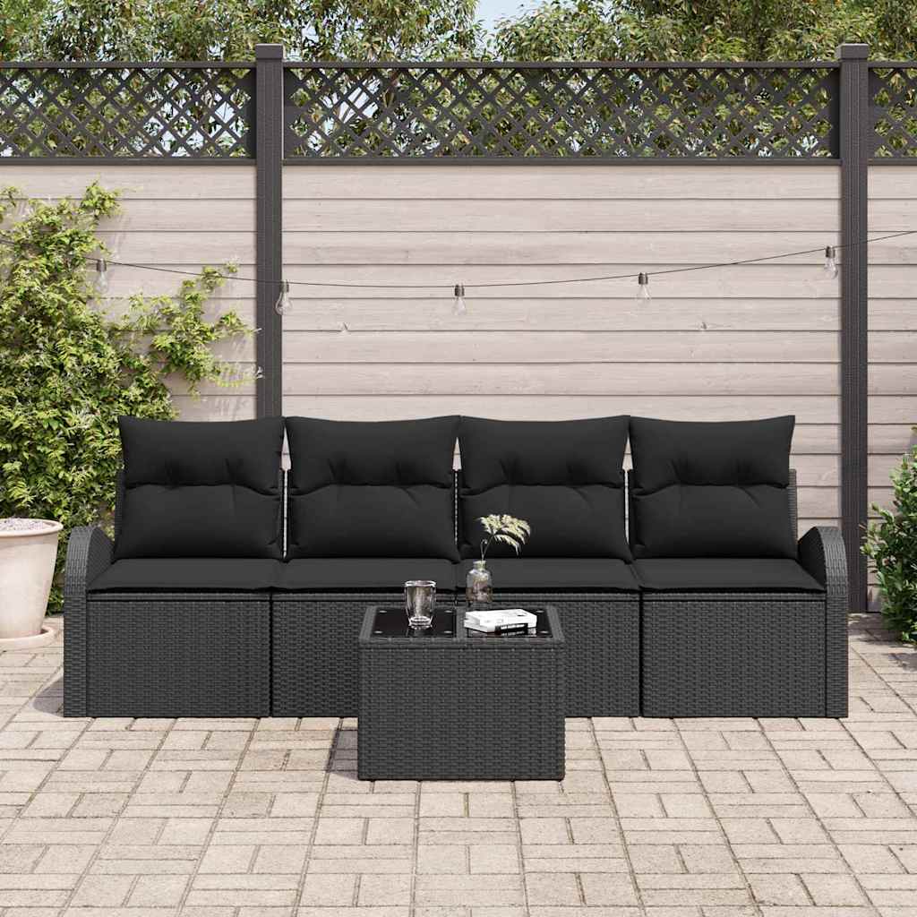 JUNG Vida Garten-Sofa-Set 5 pcs Schwarz Poly-Rattan und Stahl und Glas