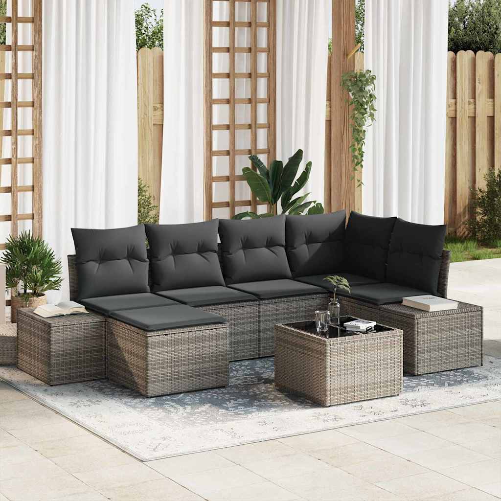 JUNG Vida Garten-Sofa-Set mit Kissen mit Speicher 6 pcs Grau Poly-Rattan
