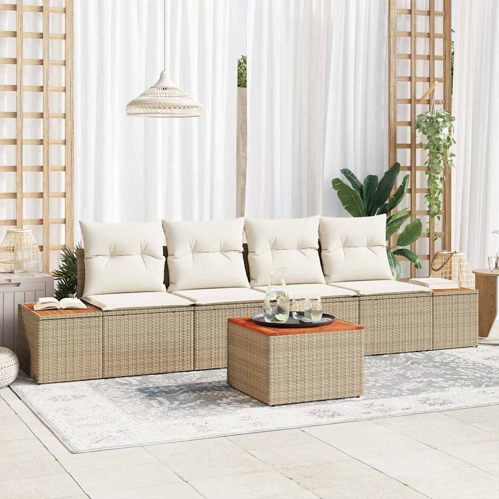 JUNG Vida Garten-Sofa-Set mit Kissen mit Speicher 5 pcs Beige Poly Rattan