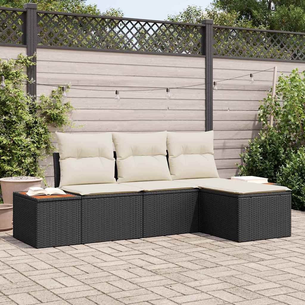 JUNG Vida Gartensofa-set mit Kissen 4 pcs Schwarz und Creme Poly Rattan