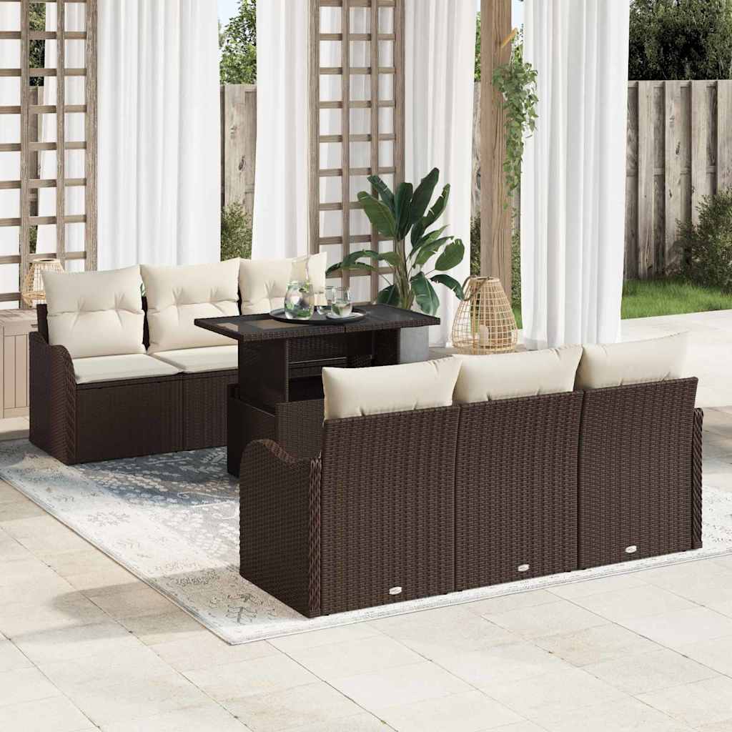 JUNG Vida Garten-Sofa-Set mit Kissen mit Speicher 7 pcs Braun Poly Rattan
