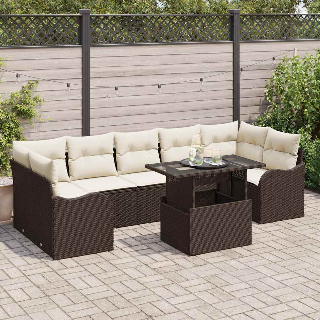 JUNG Vida Garten-Sofa-Set mit Kissen mit Speicher 8 pcs Braun Poly Rattan