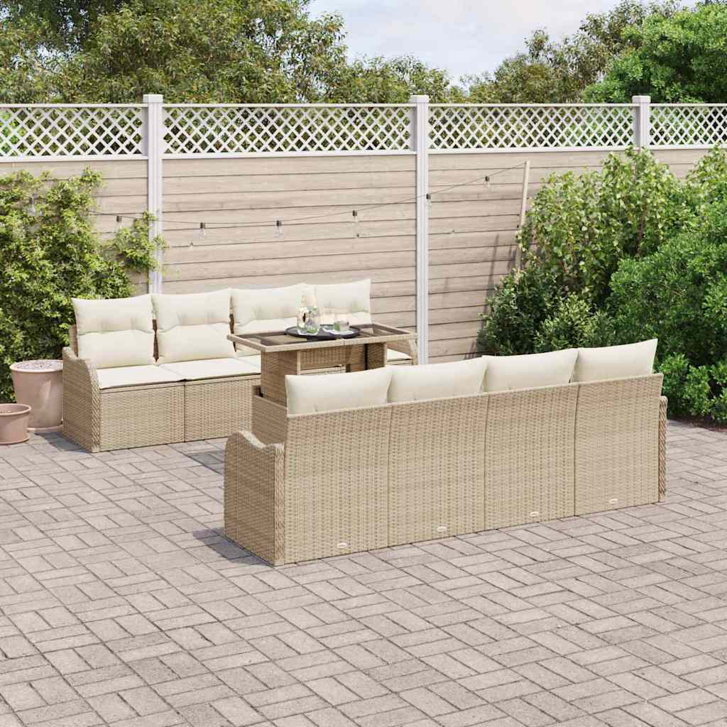 JUNG Vida Garten-Sofa-Set mit Kissen mit Speicher 9 pcs Beige Poly Rattan