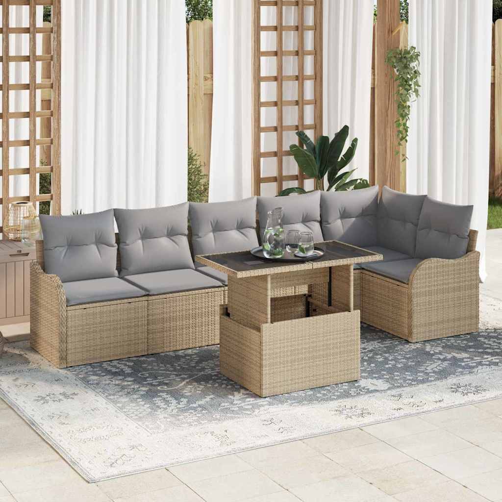 JUNG Vida Garten-Sofa-Set mit Kissen mit Kissen 7 pcs Beige Poly Rattan