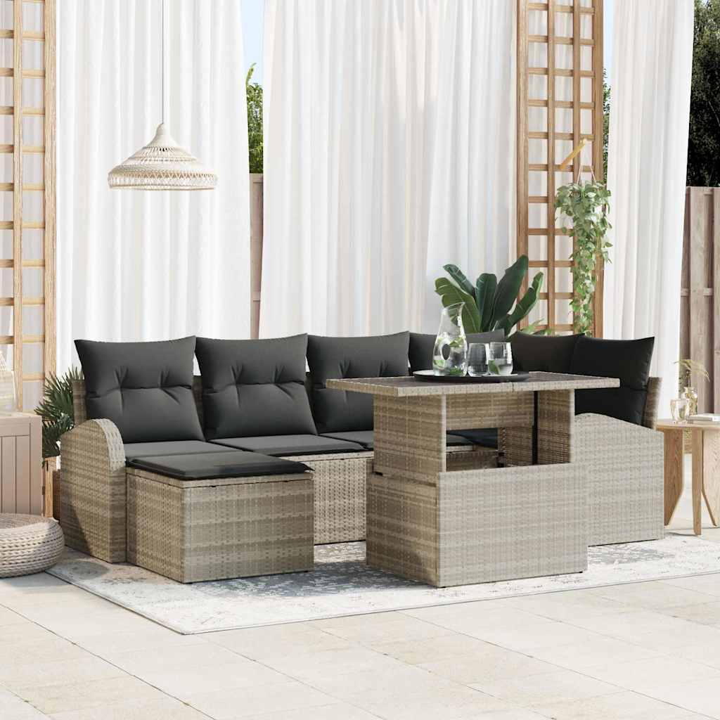JUNG Vida Garten-Sofa-Set mit Speicher 7 pcs Hellgrau Poly Rattan