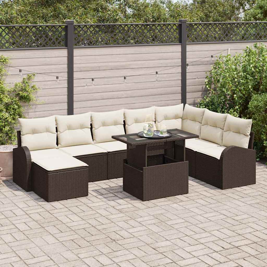 JUNG Vida Garten-Sofa-Set mit Speicher 9 pcs Braun Poly Rattan