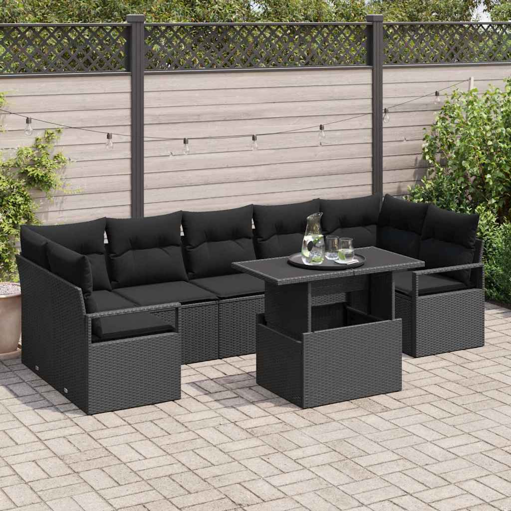 JUNG Vida Garten-Sofa-Set mit Speicher 8 pcs Schwarz Poly Rattan