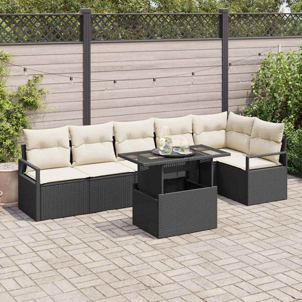 JUNG Vida Garten-Sofa-Set mit Speicher 7 pcs Schwarz Poly Rattan