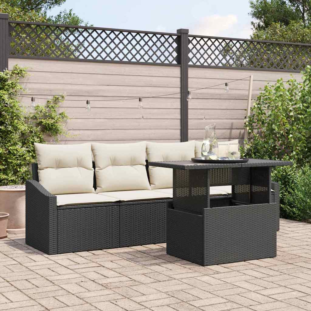 JUNG Vida Garten-Sofa-Set mit Speicher 5 pcs Schwarz Poly Rattan
