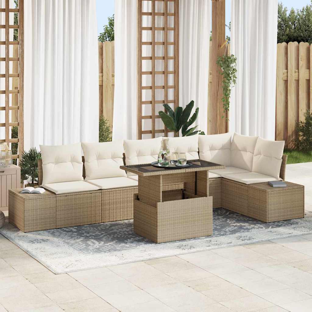 JUNG Vida Garten-Sofa-Set mit Speicher 7 pcs Beige Poly Rattan
