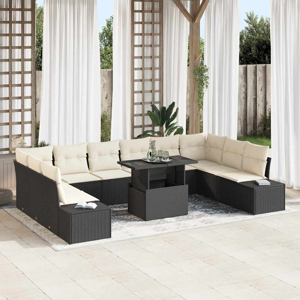 JUNG Vida Garten-Sofa-Set mit Speicher 11 pcs Schwarz Poly Rattan