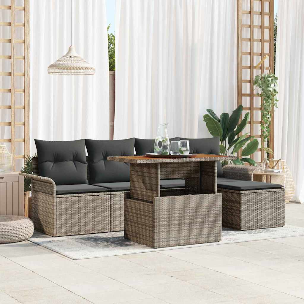 JUNG Vida Garten-Sofa-Set mit Speicher 6 pcs Grau Poly Rattan