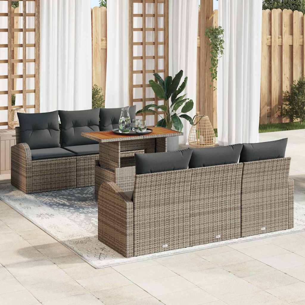 JUNG Vida Garten-Sofa-Set mit Speicher 7 pcs Grau Poly Rattan