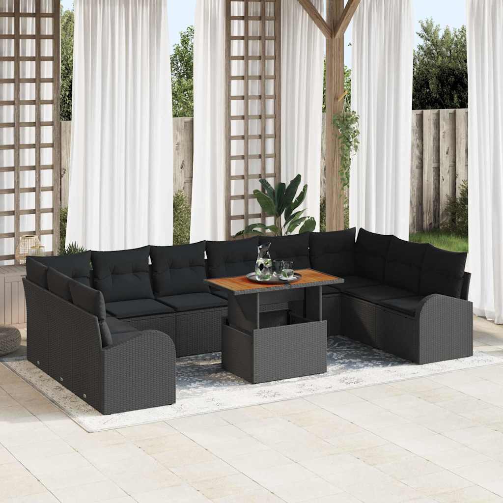 JUNG Vida Garten-Sofa-Set mit Speicher 11 pcs Schwarz Poly Rattan