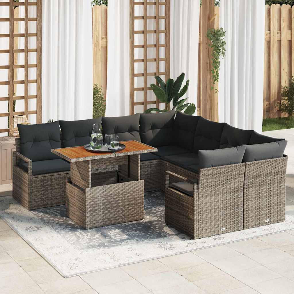 JUNG Vida Garten-Sofa-Set mit Speicher 9 pcs Grau Poly Rattan