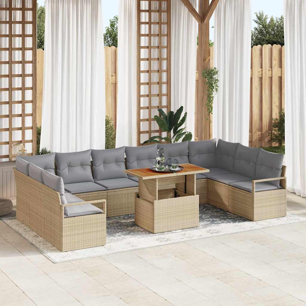 JUNG Vida Garten-Sofa-Set mit Speicher 11 pcs Beige Poly Rattan